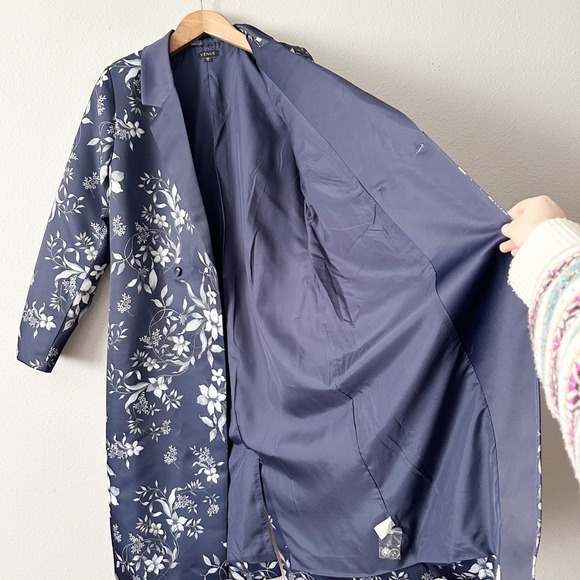 Venus Navy Floral Print Satin Long Formal Elegant Over Coat Women's Size 14 - Picture 4 of 13